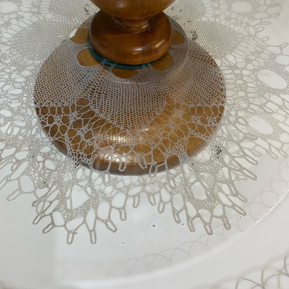 Vintage Mid Century Appetizer Pedistal Serving Tray Glass Wood Toothpick Holder